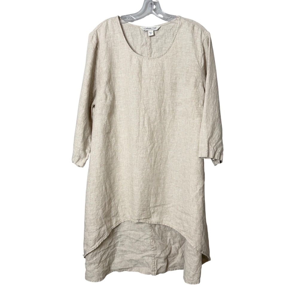 Coldwater Creek Tunic Top Women L Beige 100% Linen 3/4 Sleeve Lagenlook High Low